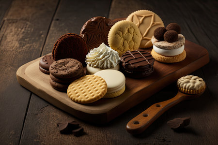 assorted homemade cookies and mousse cakes on wooden board, created with generative aiの素材