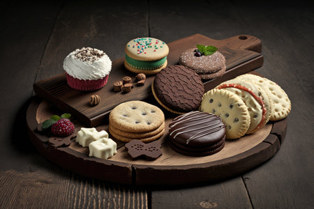 assorted homemade cookies and mousse cakes on wooden board, created with generative aiの素材