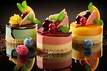 assorted desserts mousse cakes with fruit layers and cream, created with generative aiの素材