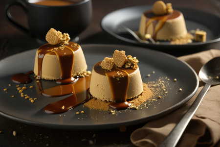 coffee mousse cakes with caramel sauce and hazelnut crumbs on plate, created with generative aiの素材