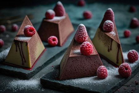triangular mousse cakes with raspberries decoration and dusting of sugar, created with generative aiの素材