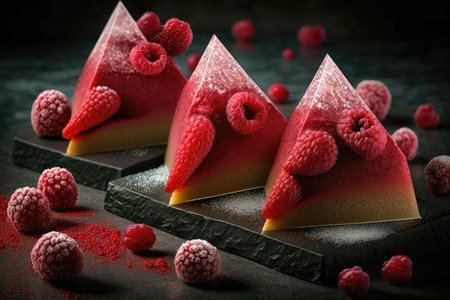 triangular mousse cakes with raspberries decoration and dusting of sugar, created with generative aiの素材