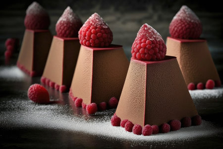 triangular mousse cakes with raspberries decoration and dusting of sugar, created with generative aiの素材