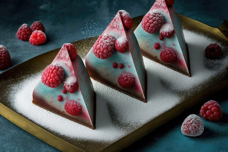 triangular mousse cakes with raspberries decoration and dusting of sugar, created with generative aiの素材