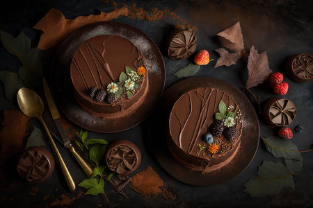 homemade fresh chocolate mousse cakes decorated with cocoa on dark background, created with generative aiの素材