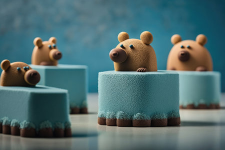 dessert mousse cakes in shape of brown bears on blue background, created with generative aiの素材