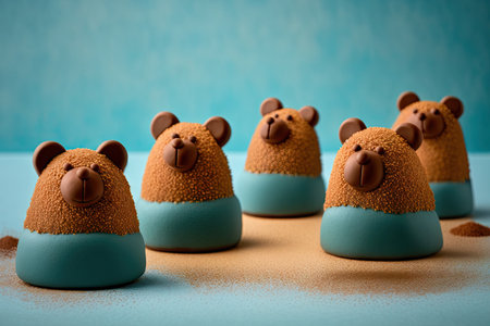 dessert mousse cakes in shape of brown bears on blue background, created with generative aiの素材