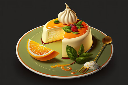 citrus mousse cake with glaze and spoon on plate, created with generative aiの素材