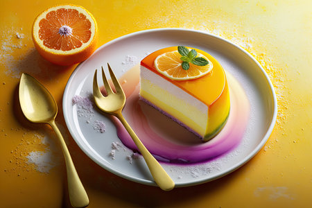 citrus mousse cake with glaze and spoon on plate, created with generative aiの素材