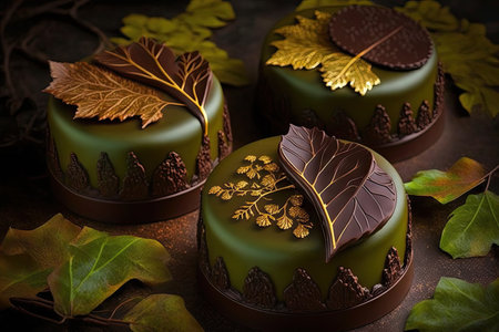 mousse cakes with beautiful decoration in form of branches and leaves, created with generative aiの素材