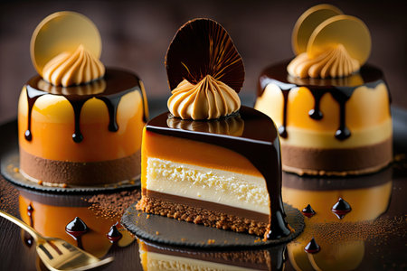 baked mousse cakes with layers of caramel, chocolate and cream, created with generative aiの素材