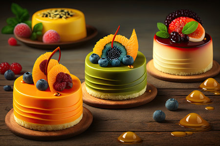 traditional exotic fruit mousse cakes with different fruits, created with generative aiの素材