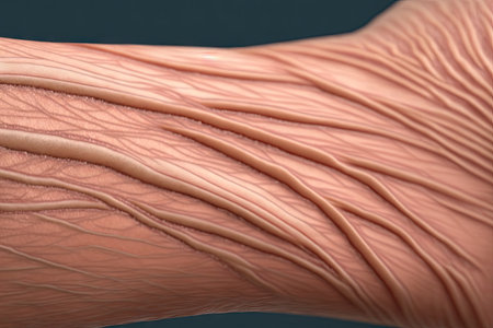 thin striated muscle fibers of arm on light brown skin, created with generative aiの素材