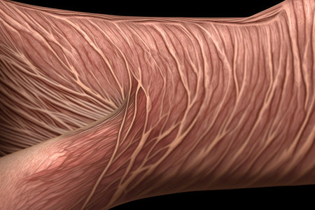 thin striated muscle fibers of arm on light brown skin, created with generative aiの素材