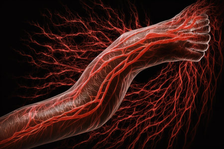 red muscle fibers of arm on background of microblood vessels, created with generative aiの素材