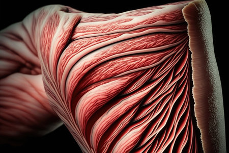muscle fibers of arm mans skin close-up, created with generative aiの素材