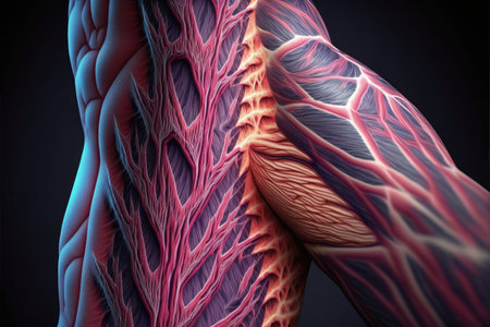 muscle fibers of arm mans skin close-up, created with generative aiの素材