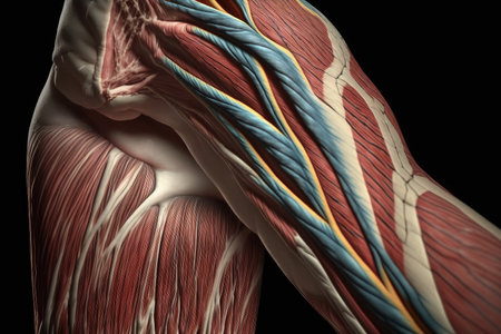 thin muscles and muscle fibers of arm closeup, created with generative aiの素材