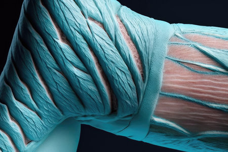 light blue crossed muscle fibers of arm close-up, created with generative aiの素材