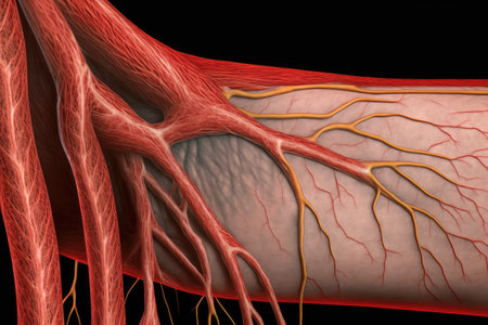 closeup of muscle fibers of arm with blood vessels and red, created with generative aiの素材