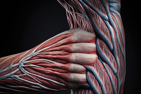 close-up of muscular human hand muscle fibers of arm with veins, created with generative aiの素材