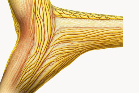 yellowish longitudinal muscle fibers of arm isolated on white background, created with generative aiの素材
