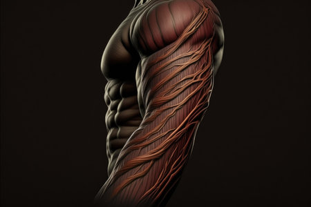 dark brown muscular forearm with muscle fibers of arm, created with generative aiの素材
