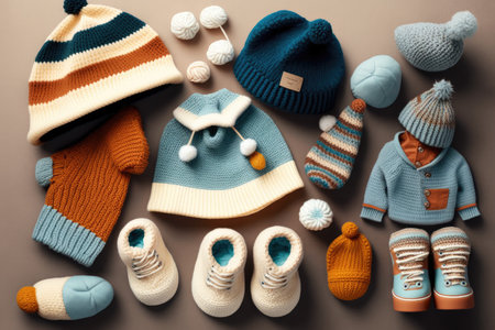childrens clothes in form of soft hats and socks laid out on light background, created with generative aiの素材