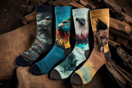 straight and ragged set of socks of different colors with wild print, created with generative aiの素材