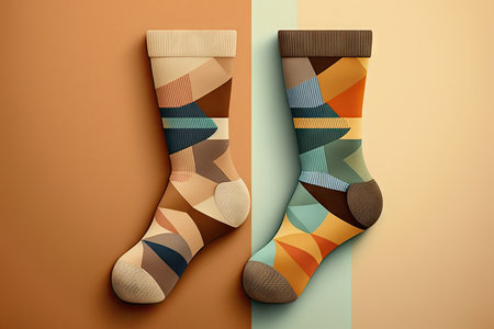 two pairs of socks in warm pattern standing on light brown background, created with generative aiの素材