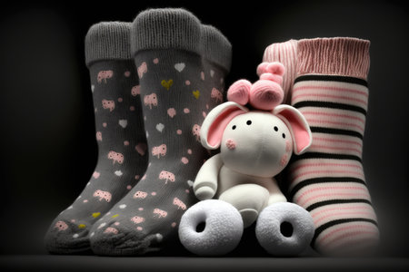 white and pink socks for children with toys on dark background, created with generative aiの素材