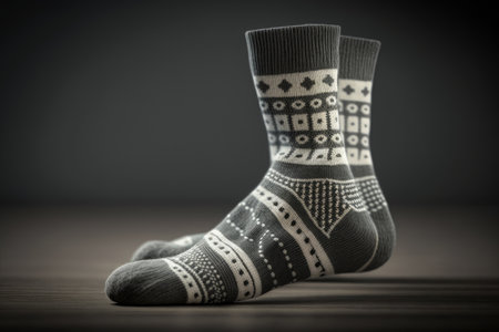 white socks with pattern on dark grey blurred background, created with generative aiの素材