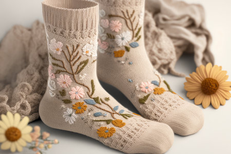 knitted beige set of socks with floral decorations on toe, created with generative aiの素材