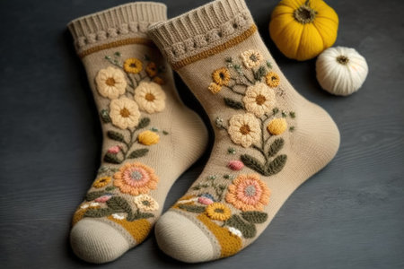 knitted beige set of socks with floral decorations on toe, created with generative aiの素材