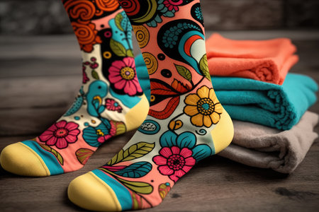 beautiful bright socks with patterns for romance and cheerfulness, created with generative aiの素材