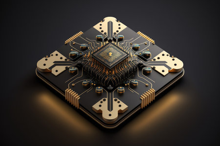symmetrical microchip with structure from nanotechnologies against dark background, created with generative aiの素材