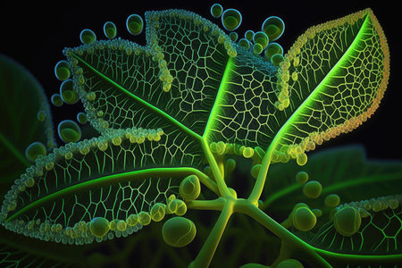 microscopic photographic image of nanotechnologies green leaf, created with generative aiの素材
