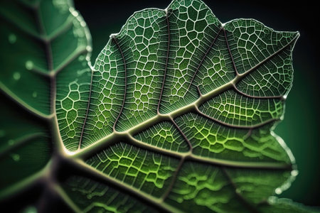 microscopic photographic image of nanotechnologies green leaf, created with generative aiの素材