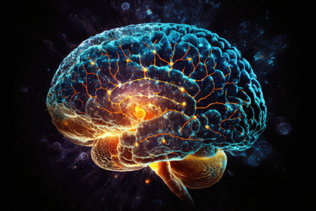 nanotechnology microscopic image of brain against background of dark galaxy, created with generative aiの素材