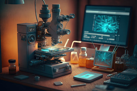 nano research laboratory with microscope for nanotechnologies, created with generative aiの素材
