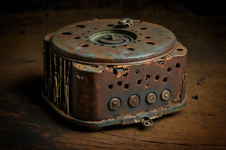 old rusted music box needle bed with music discs, created with generative aiの素材