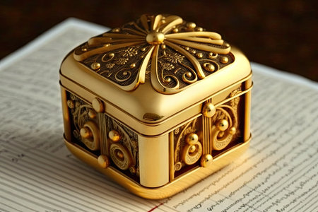 christmas gift gold ornament in form of music box needle bed, created with generative aiの素材