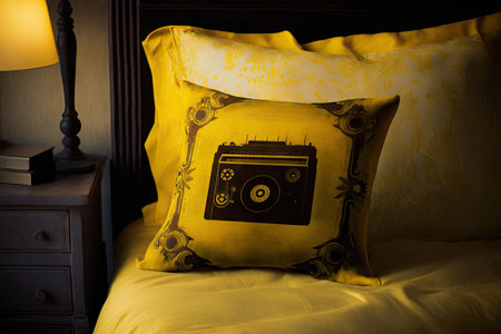 yellow cushion and music box needle bed in bedroom, created with generative aiの素材