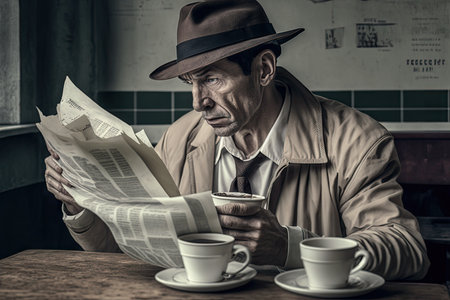a man drinking coffee and reading the newspaper with a stack of napkins on his side., created with generative aiの素材