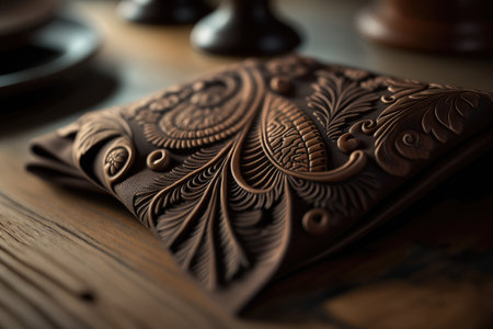 a close-up of a napkin on a wooden table with intricate carvings, showcasing the beautiful craftsmanship., created with generative aiの素材