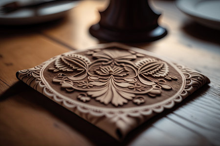 a close-up of a napkin on a wooden table with intricate carvings, showcasing the beautiful craftsmanship., created with generative aiの素材