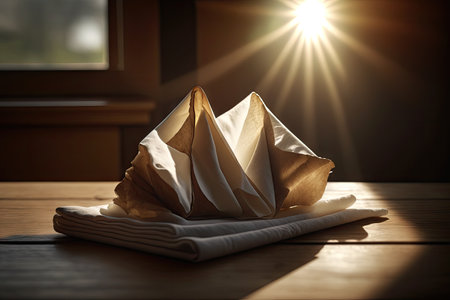 a close-up of a neatly folded napkin on a wooden table, with rays of sunlight streaming through the window behind., created with generative aiの素材
