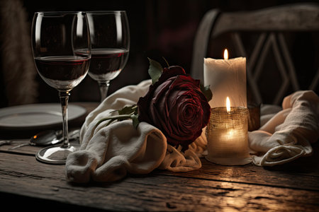a folded napkin on a wooden table with glasses of red wine, candles and roses in the background., created with generative aiの素材