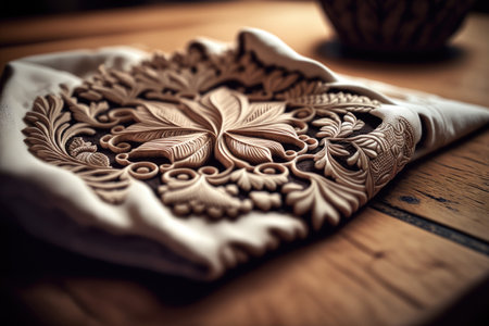 a close-up of a napkin on a wooden table, with intricate carvings and natural textures., created with generative aiの素材