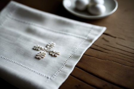 a close-up of a white linen napkin with a simple cross embroidery on it, placed neatly on top of a wooden table., created with generative aiの素材